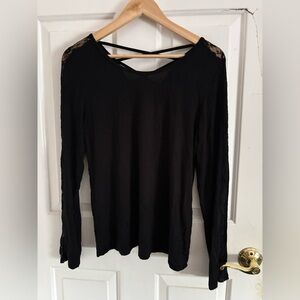 Vocal U.S.A. Black Lace Panel Cross Back Long Sleeve Top